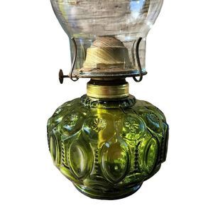 VINTAGE LE Smith Oil Lamp, Moss GREEN 13" Tall, Moon-Stars Pattern Pressed MCM